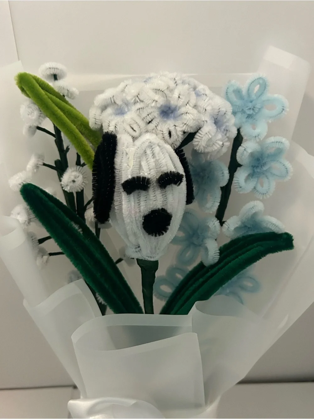 Handmade Chenille Pipe Cleaner Flower Bouquet - White, Light Blue, Green